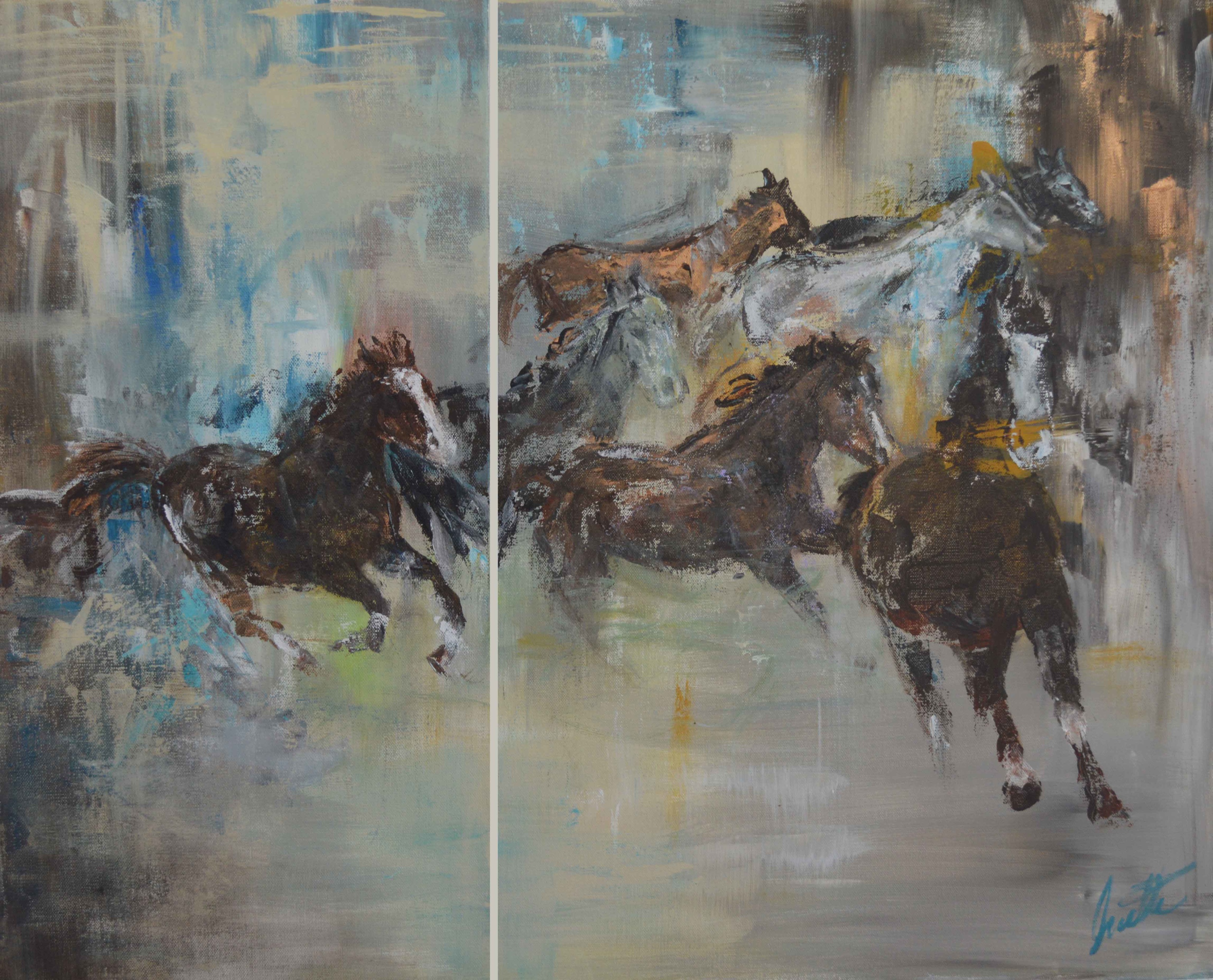 3168x2560 Urban Cowboys Original Acrylic Horses Painting Diptych - Diptych Painting