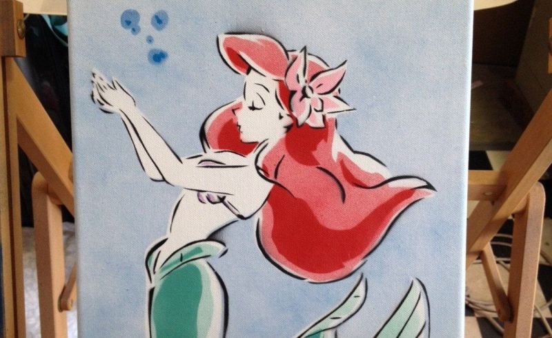 800x491 Spray Painted Disney Ariel Stencil On Canvas Little Mermaid - Disney Ariel Painting