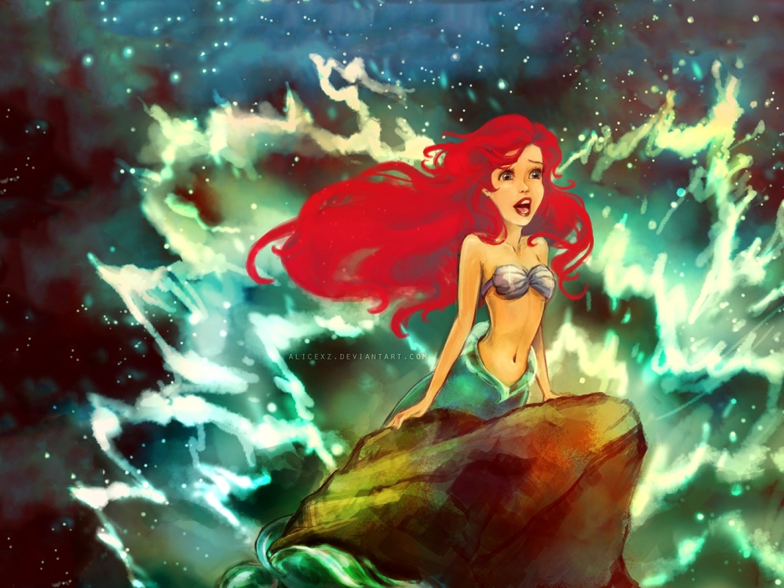 1600x1200 Paintings Disney Company Waves Redheads Rocks The Little Mermaid - Disney Little Mermaid Painting