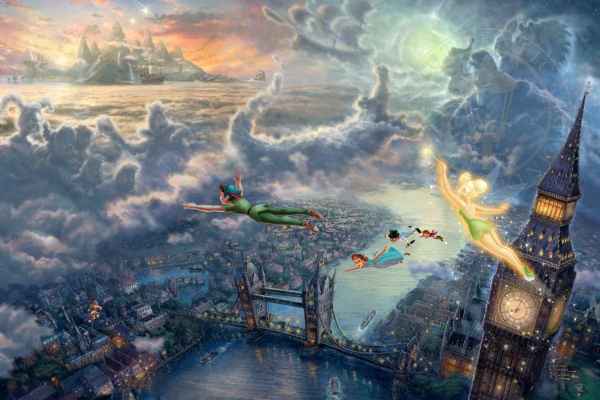 1200x800 Tinker Bell And Peter Pan Fly To Neverland The Thomas Kinkade - Disney Peter Pan Painting