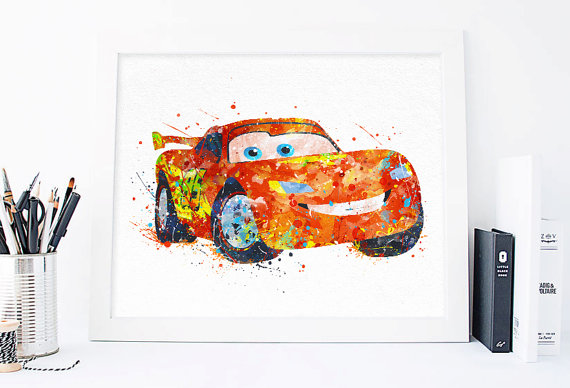 570x388 Lightning Mcqueen Print Cars Disney Watercolor Nursery Wall Decor - Disney Pixar Cars Painting