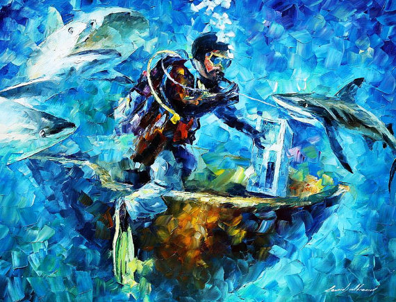 570x436 Diver Painting Sharks Wall Art On Canvas By Leonid Afremov - Diver Painting