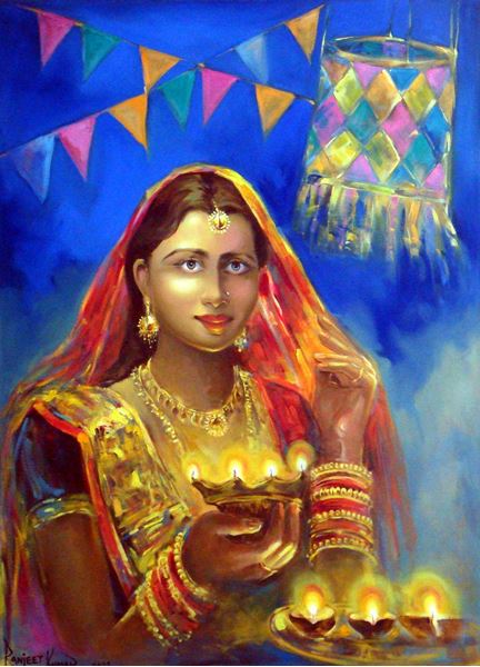 432x600 Hand Painted Art Painting A Woman Celebrating Diwali 40in X 30in - Diwali Painting
