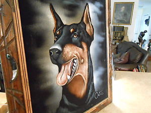 300x225 Vintage Mexico Velvet Painting Doberman Pinscher Dog Signed Ortiz - Doberman Pinscher Painting