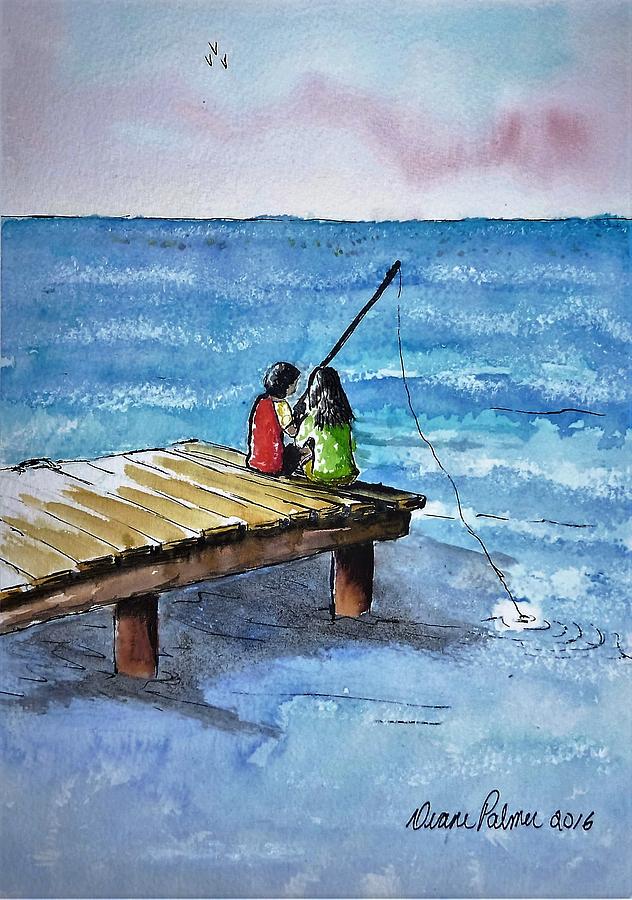 632x900 Kids Fishing Off The Dock Ink And Watercolor Painting Painting By - Dock Painting