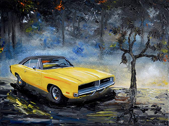 673x500 Yellow 1960's Dodge Charger, Original Oil Painting - Dodge Painting