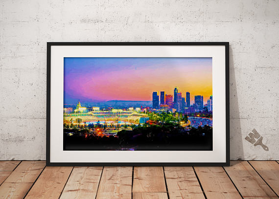 570x407 La Dodgers Stadium Print Sunset Los Angeles Skyline Baseball - Dodger Stadium Painting