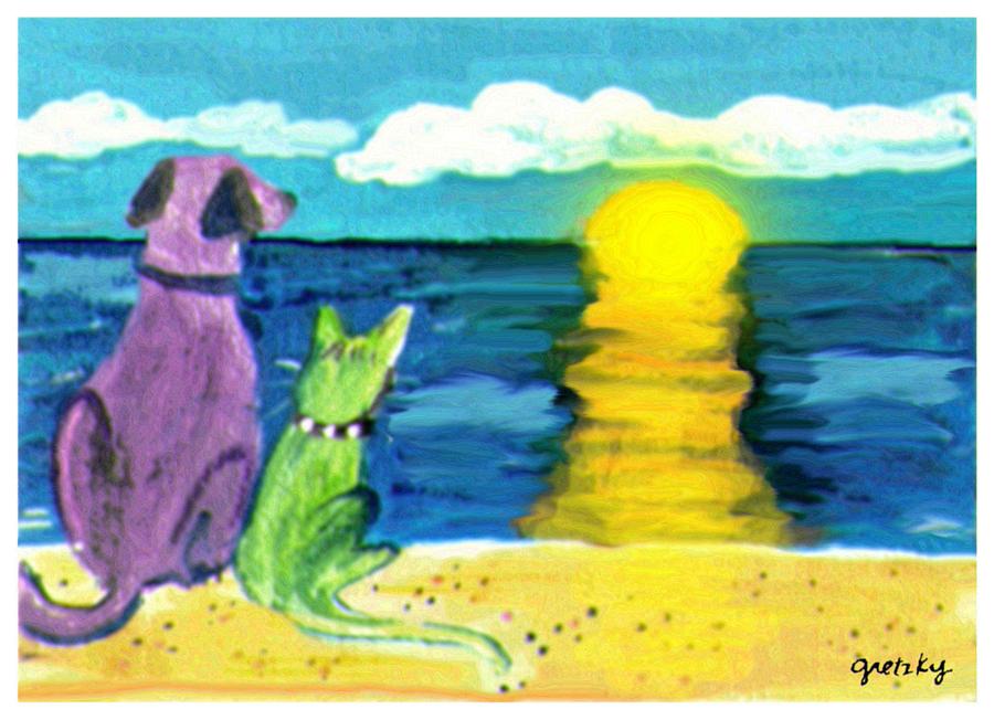 900x652 Dog And Cat Sunset Painting By Paintings By Gretzky - Dog And Cat Painting