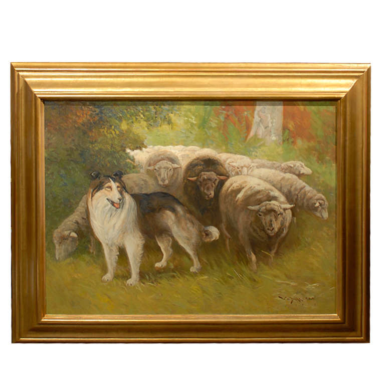 768x768 William Henry Drake 1917 Oil On Canvas Painting Of Sheep And Dog - Dog Canvas Painting