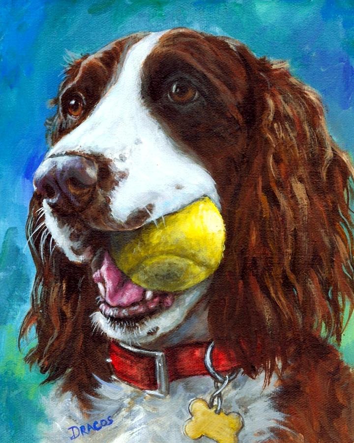 720x900 Liver English Springer Spaniel With Tennis Ball Painting By Dottie - Dog Looking At Tennis Ball Painting