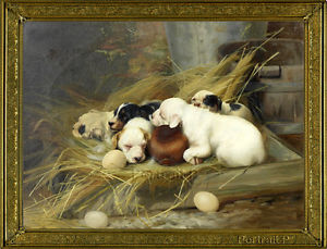 300x229 Old Master Art Antique Oil Painting Dog Puppies Eggs Animal - Dog Oil Painting
