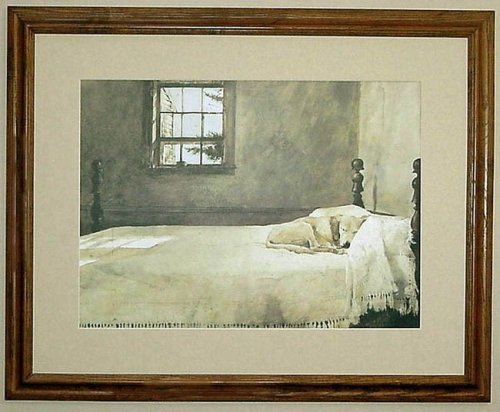 500x412 Big Oak Framed Andrew Wyeth Master Bedroom Dog On Bed - Dog On Bed Painting