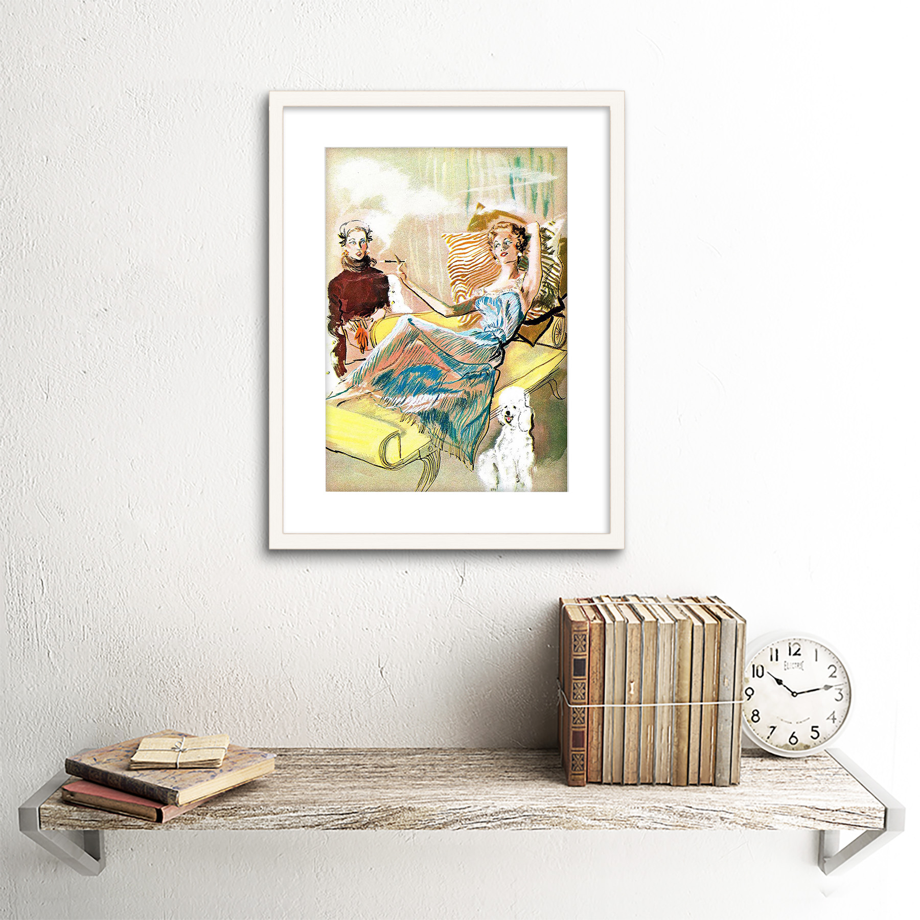 1800x1800 Painting Drawing Portrait Women Dog Bed Smoking Framed Art Print - Dog On Bed Painting