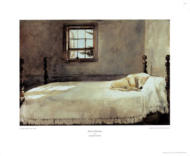 375x308 Andrew Wyeth Master Bedroom Print - Dog On Bed Painting
