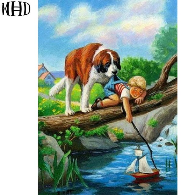 640x640 Mhd Full 3d Diy Diamond Painting Dog And Kids Icon Cross Stitch - Dog Painting For Kids