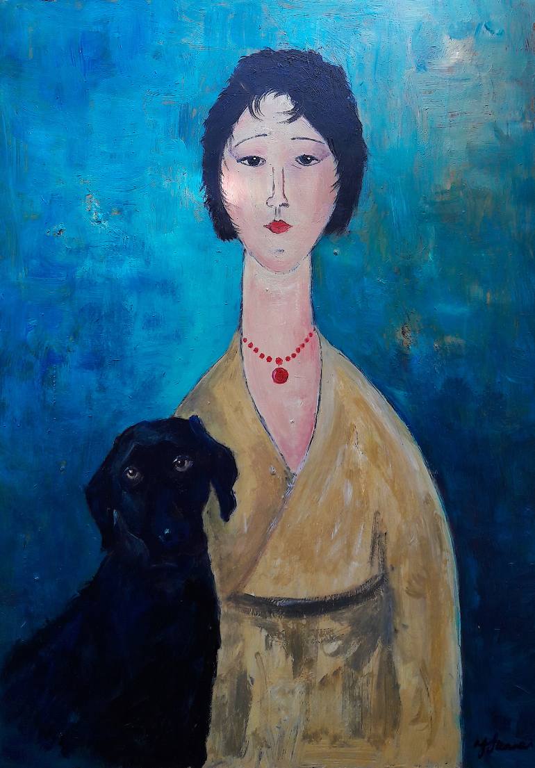 770x1105 Saatchi Art Woman With Black Labrador Dog Painting By Teresa Tanner - Dog Painting Self Portrait
