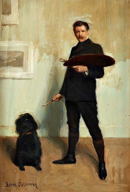 440x648 Self Portrait With Dog By Bernhard Osterman - Dog Painting Self Portrait