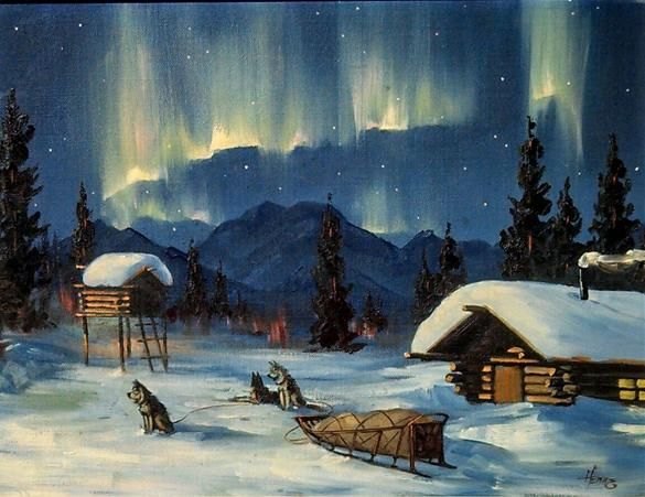 585x451 Ellen Henne Goodale Alaskan Artist Dog Sleds Sled Dogs Northern - Dog Sled Painting