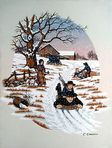 227x300 Amish Family With Dog Sledding C Carson 12x16 Painting - Dog Sled Painting