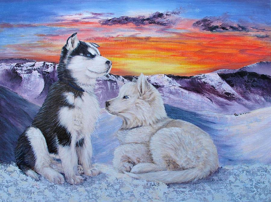 900x672 Sled Dog Dreams Painting By Karen Peterson - Dog Sled Painting