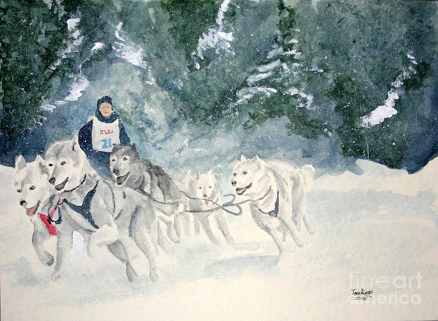 900x661 Sled Dogs Painting By Tom Riggs - Dog Sled Painting
