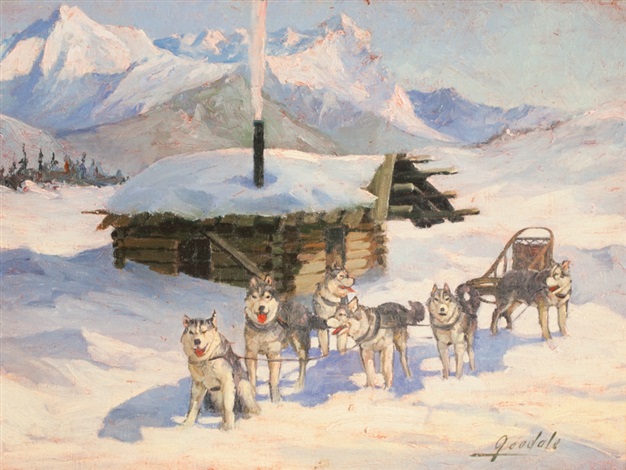 626x470 Sled Dog Team And Cabin In Winter By Harvey Goodale On Artnet - Dog Sled Painting