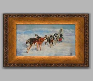 300x263 Yary Dluhos Mushing Husky Dog Sled Team Yukon Snow Framed Original - Dog Sled Painting