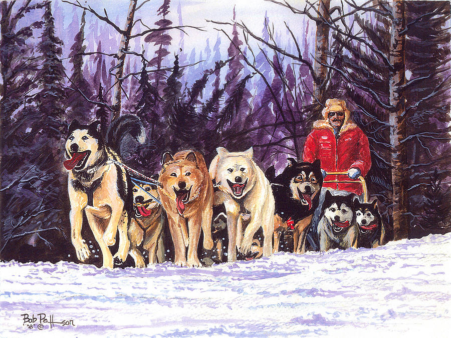 900x675 Cordova Hill Sled Dog Racing Painting By Bob Patterson - Dog Sled Painting