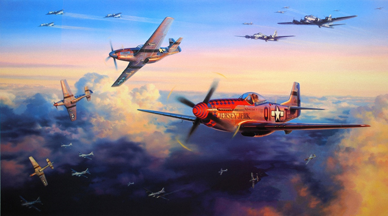 1280x712 Photos Airplane Bombing B 17 P 51d Ww2 Dogfight Flight Painting Art - Dogfight Painting