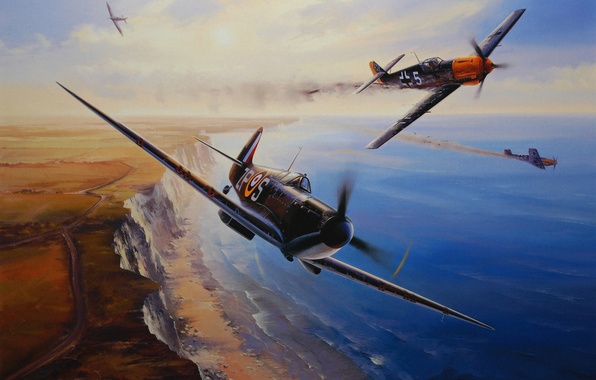 596x380 Wallpaper Aircraft, War, Art, Airplane, Painting, Aviation - Dogfight Painting