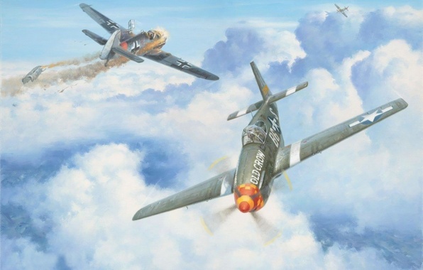 596x380 Wallpaper Art, Painting, Aviation, Ww2, Dogfight, P 51 Mustang - Dogfight Painting