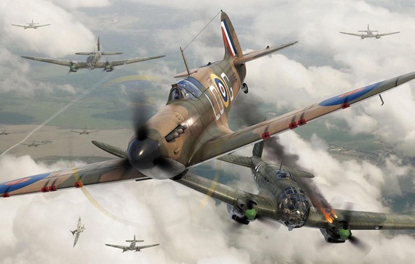 596x380 Wallpaper Fighter, War, Art, Airplane, Painting, Aviation, Ww2 - Dogfight Painting