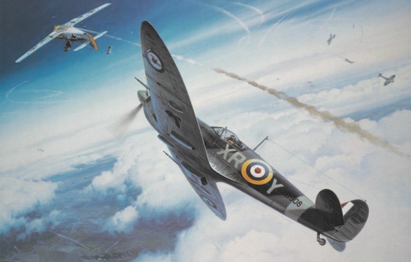 596x380 Wallpaper War, Art, Spitfire, Painting, Ww2, Dogfight Images - Dogfight Painting