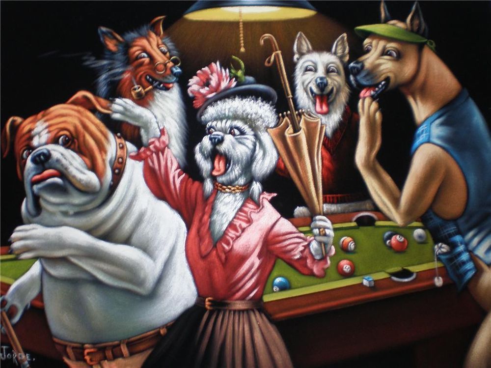 1000x749 Dogs Playing Pool Black Velvet Oil Painting Original Handpainted - Dogs Playing Poker Original Painting