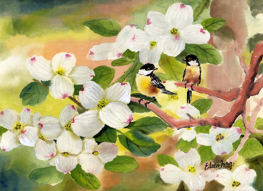 900x655 Chickadees In The Dogwood Tree Painting By Eileen Fong - Dogwood Flower Painting