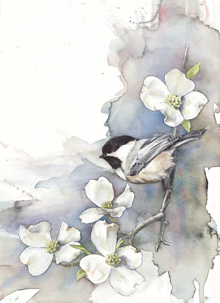 770x1063 Saatchi Art Chickadee On Dogwood Painting By Anne Balogh - Dogwood Painting