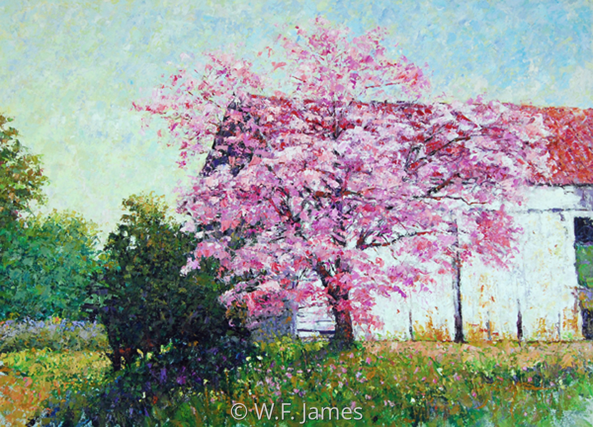1200x864 Landscape Oil Paintings Dogwood Tree And Barn By W.f. James Studio - Dogwood Tree Painting