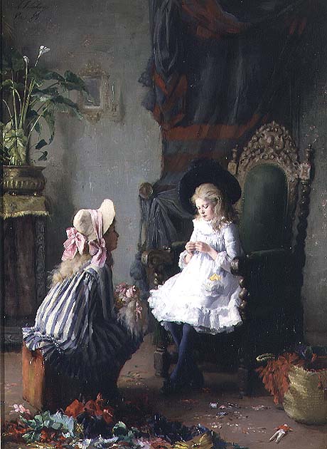 460x630 Two Girls Dressing A Doll Painting Leon Delachaux Oil Paintings - Doll Painting