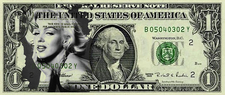 900x382 Marilyn Monroe, Sketch Painting On A One Dollar Bill Mixed Media - Dollar Bill Painting