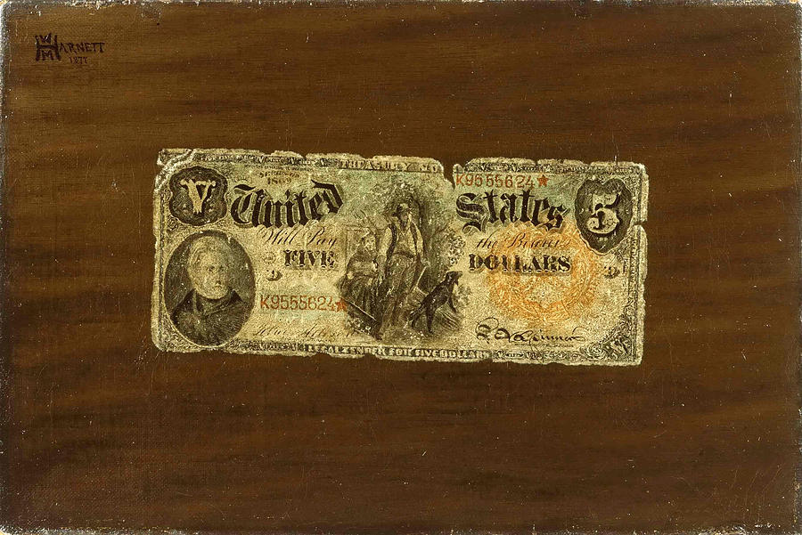 900x601 Still Life. Five Dollar Bill Painting By William Michael Harnett - Dollar Bill Painting