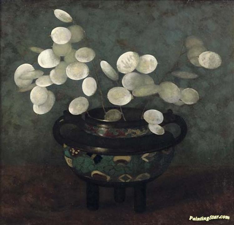 750x719 Silver Dollar Plant In A Japanese Jug Artwork By Jan Mankes Oil - Dollar Painting