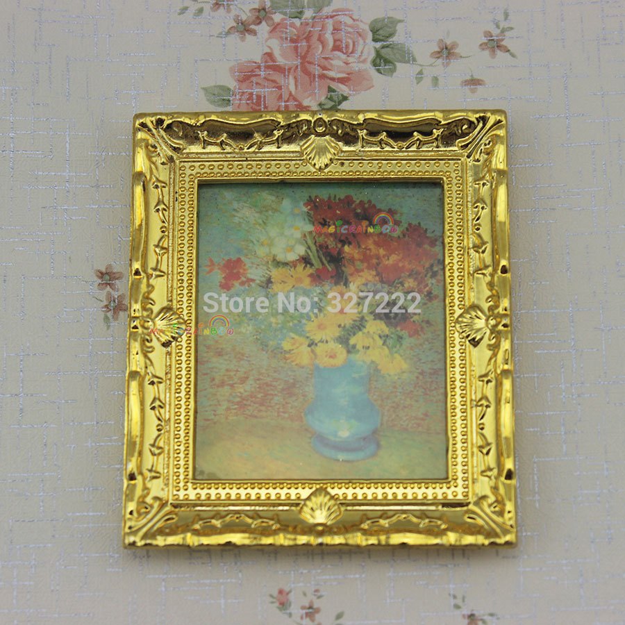 900x900 Dollhouse Miniature 112 Flower Painting Picture Golden Frame - Dollhouse Painting
