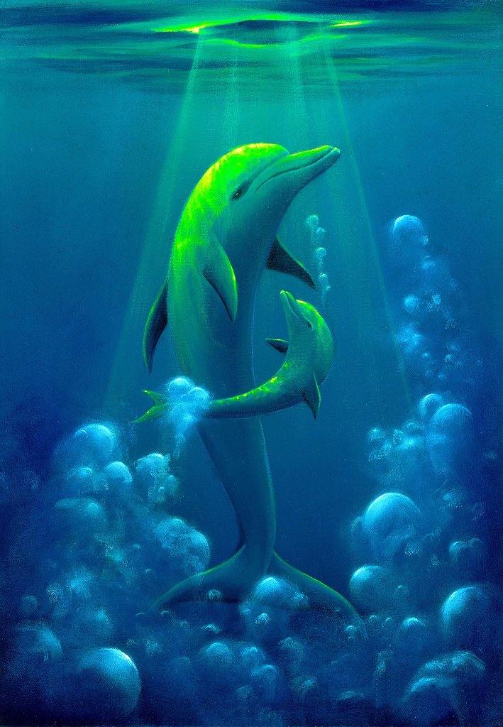 709x1024 Dolphin Baby Painting By Hawaii Artist Thomas Deir Thomas Deir - Dolphin Fish Painting