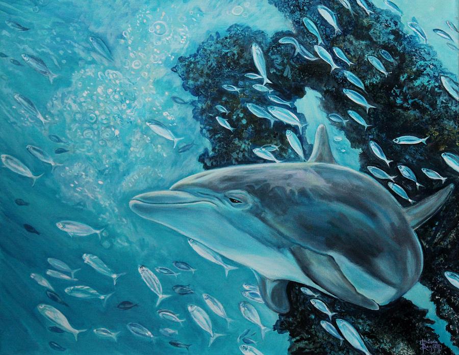 900x697 Dolphin With Small Fish Painting By Diann Baggett - Dolphin Fish Painting