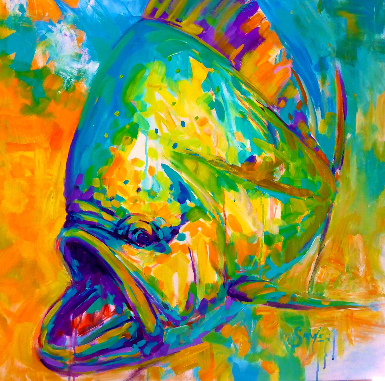 1280x1268 Mahi Abstraction Limited Edition Hand Embellished 30x30 Mahi - Dolphin Fish Painting