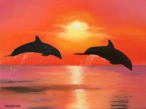 300x224 Dolphin Painting Orange Sunset Wall Art 16x12 Silhouette Picture - Dolphin Painting