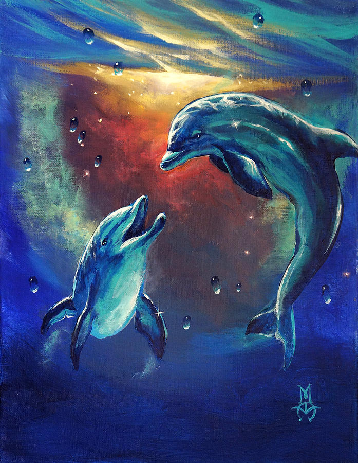 697x900 Happy Dolphins Painting By Marco Antonio Aguilar - Dolphin Painting