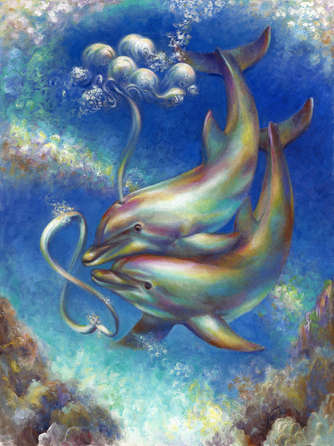 675x900 Infinity Bottlenose Dolphins At Play Painting By Nancy Tilles - Dolphin Painting