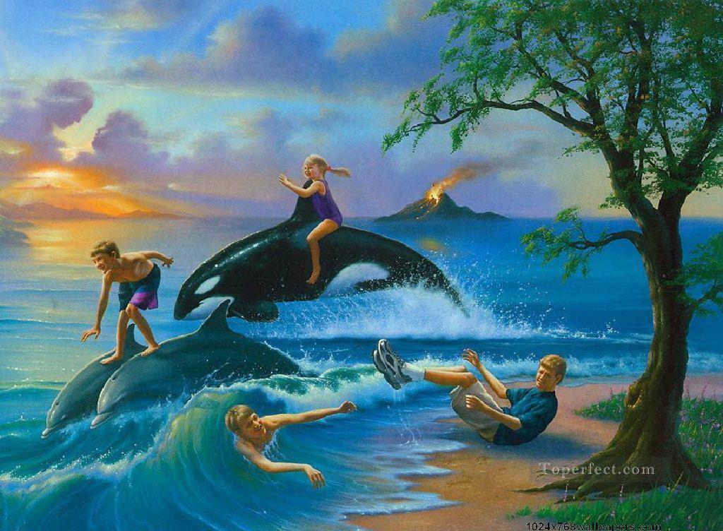 1024x752 Kids And Dolphin 26 Fantasy Painting In Oil For Sale - Dolphin Painting For Kids