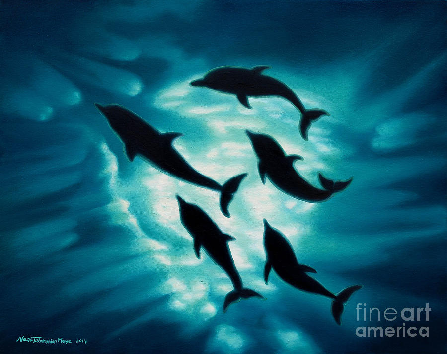 900x712 Dolphin Silhouettes Painting By Noune Tahmassian Morse - Dolphin Silhouette Painting